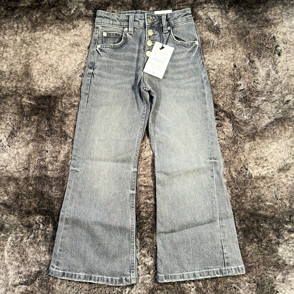 Zara Girls Gray Flared Jeans 6-7 Years Button Closure Pockets NWT